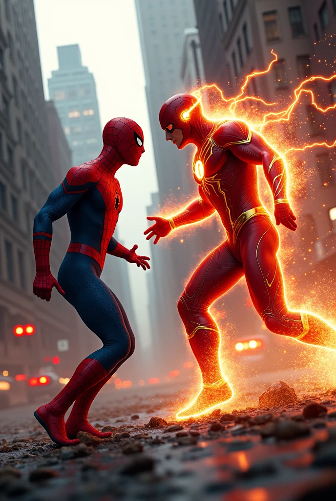 Réalise-moi une photo réaliste d’un combat entre Spiderman et Flash