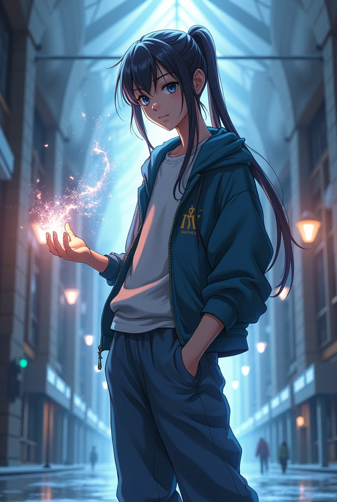 A 1 male anime character with Long hair tied back and magical powers who is a student at a modern-day wizarding school With baggy pants and a sweatshirt