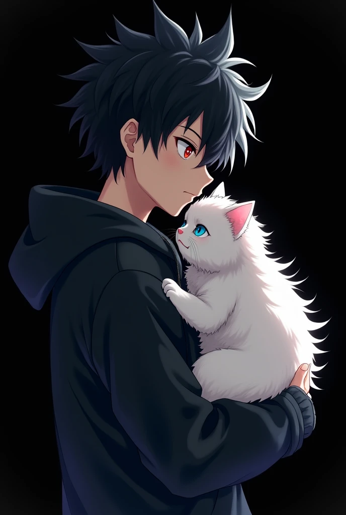 Anime boy ((( Spiky hair , black hair , black hoodie , red eyes , narrowed eye ))) carrying cat ((( blue eyes , fluffy cat , white cat , cute cat , fat cat ))) , blank black background , side view