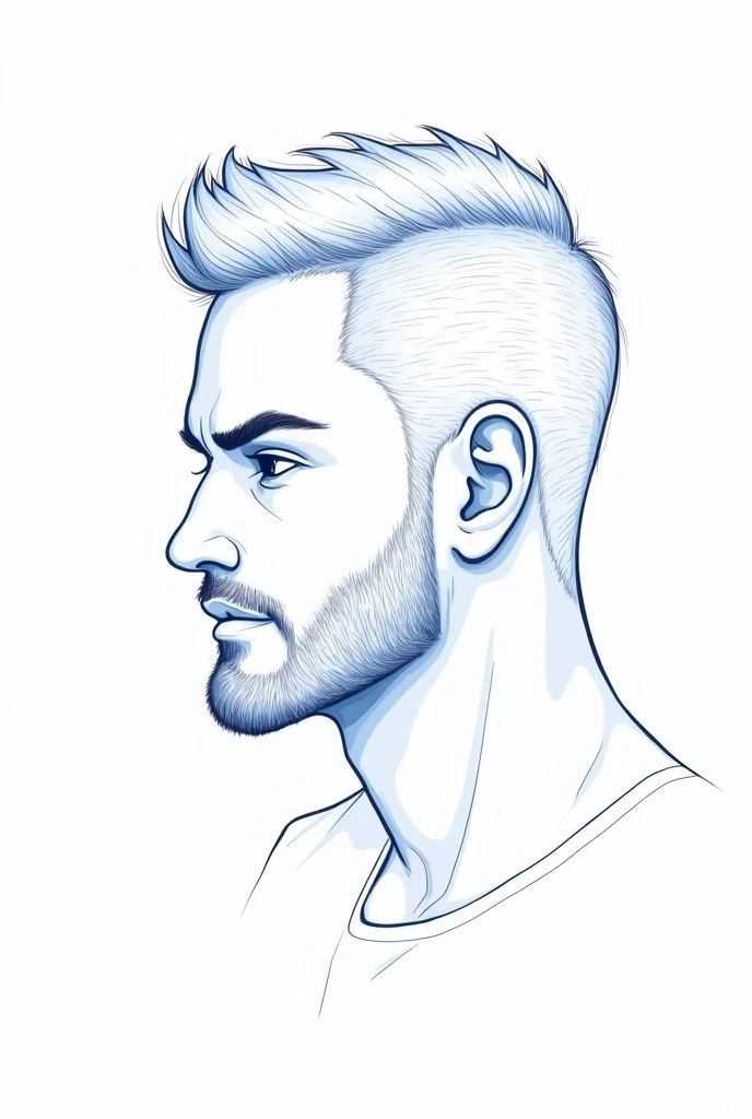 creates the image of a man in profile with cut hair and a beard in the fine line style of light blue color and white background