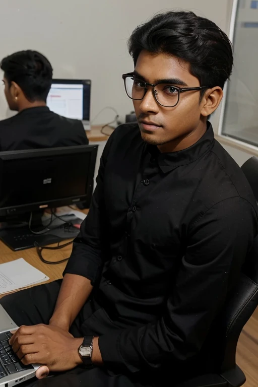 An Indian boy who is a YouTuber is sitting in his YouTube studio and he is wearing an open black shirt and white t-shirt and has a laptop in front of him