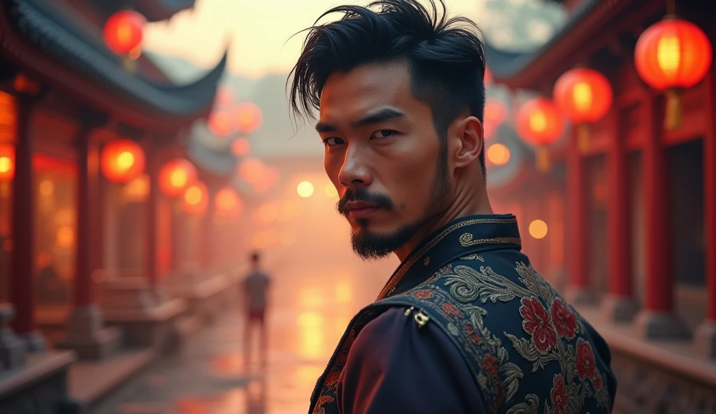 pretty decadent Asian man looking directly at the camera, not in the center, clear facial features, bright colors, light particles, with bright light, Mushhiv, wallpaper art, UHD wallpapers, vivid atmosphere, near a house in ancient village
