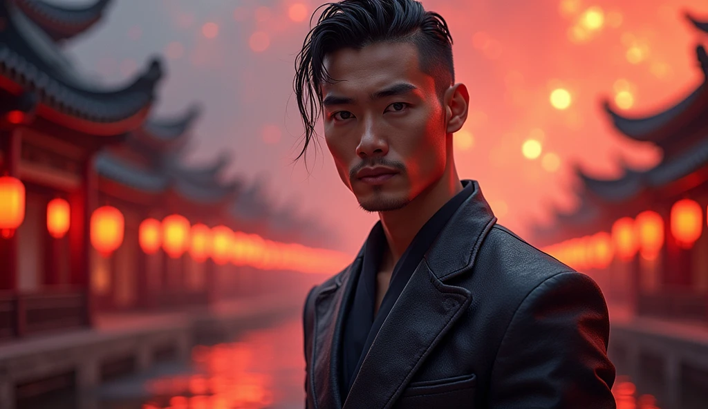 pretty decadent Asian man looking directly at the camera, not in the center, clear facial features, bright colors, light particles, with bright light, Mushhiv, wallpaper art, UHD wallpapers, vivid atmosphere, near a house in ancient village
