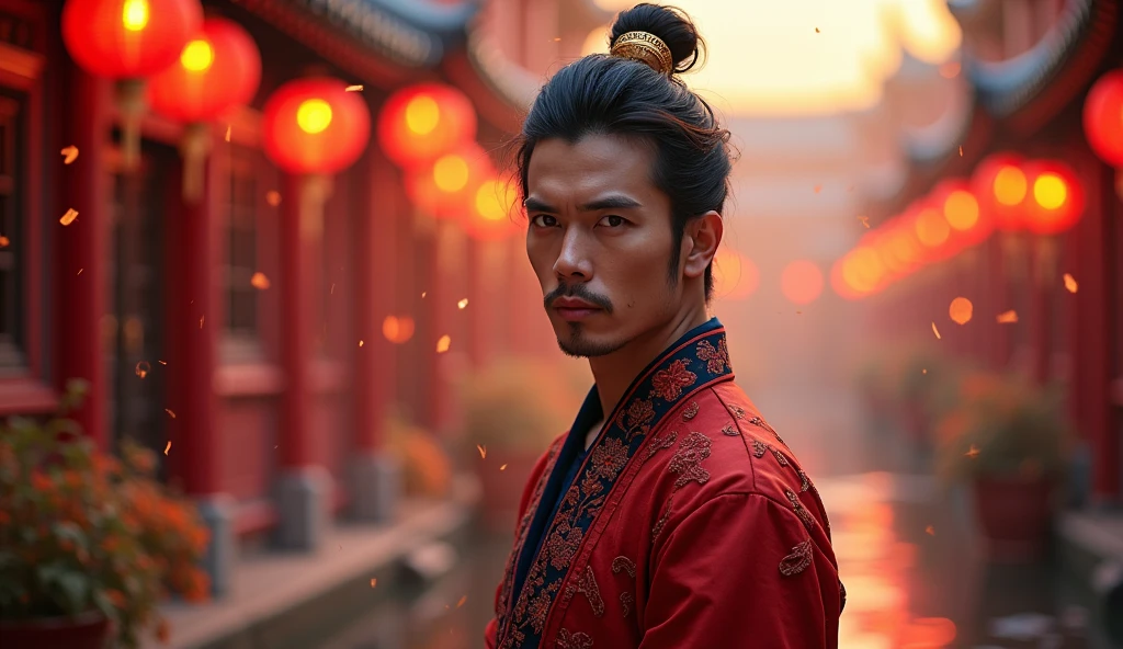 pretty decadent Asian man looking directly at the camera, not in the center, clear facial features, bright colors, light particles, with bright light, Mushhiv, wallpaper art, UHD wallpapers, vivid atmosphere, near a house in ancient village
