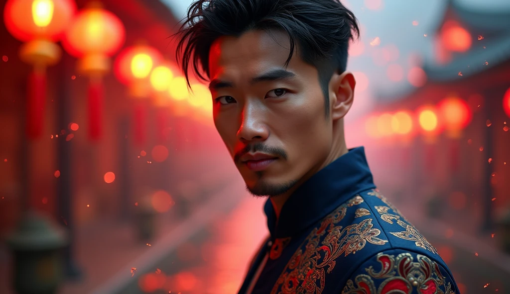 pretty decadent Asian man looking directly at the camera, not in the center, clear facial features, bright colors, light particles, with bright light, Mushhiv, wallpaper art, UHD wallpapers, vivid atmosphere, near a house in ancient village