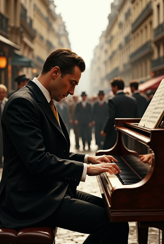 1934; (masterpiece, best quality) Man playing piano on the street(Paris)