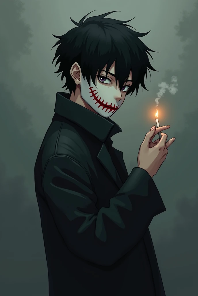 Anime of a teenage boy with black hair wearing a white face make with a painted red smile. The boy is standing sideways but looking towards me over his shoulder. The boy is wearing dark trench coat holding a cigarette