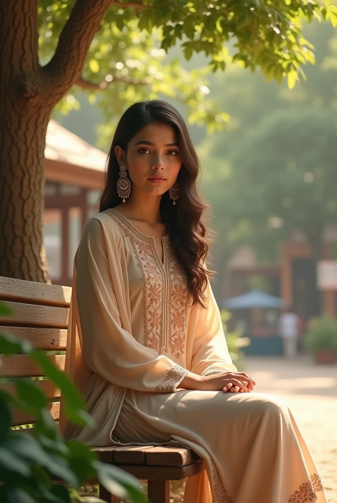 A beautiful Pakistani girl wearing traditional Pakistani outfits of light colour sitting on a bench under tress and In background there is a restaurant