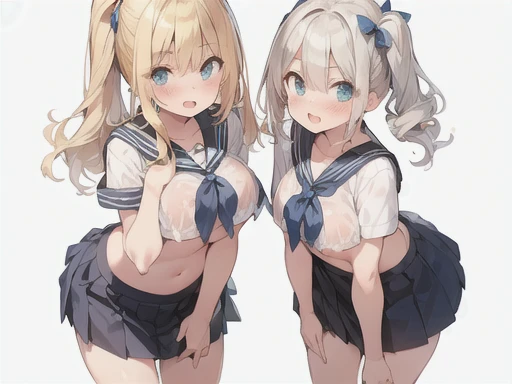 twins,(Two Girls),((standing on the right,Blonde twin tails)),(((Stand on the left,Blonde ponytail))),(Very curled hair,Blue ribbon,Bright blue eyes,freckles),(mega breasts),high school girl,BREAK,(Navy Blue,Cute Sailor Uniform,Checkered Pleated Skirt),under boob,cleavage,BREAK,(kiss)