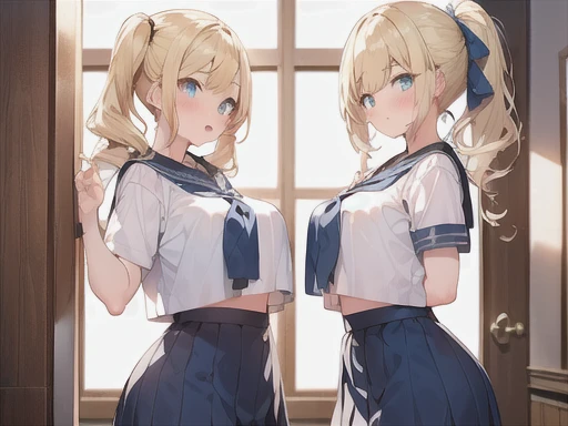 twins,(Two Girls),((standing on the right,Blonde twin tails)),(((Stand on the left,Blonde ponytail))),(Very curled hair,Blue ribbon,Bright blue eyes,freckles),(mega breasts),high school girl,BREAK,(Navy Blue,Cute Sailor Uniform,Checkered Pleated Skirt),under boob,cleavage,BREAK,(kiss)