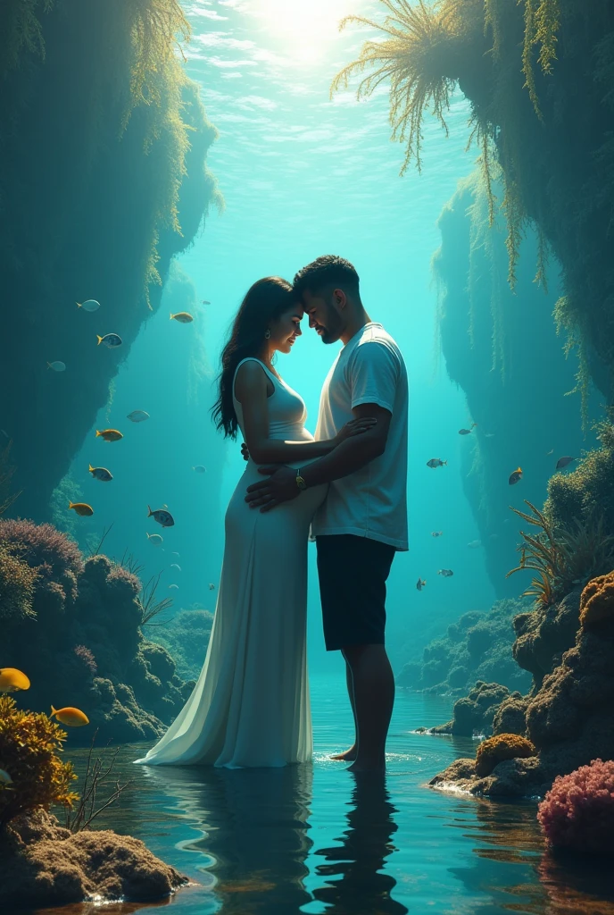 Couple, Indonesian Man and Women maternity underwater concept, (a man fat body),hyperrealistic, underwater reflection effect, underwater ecosystem