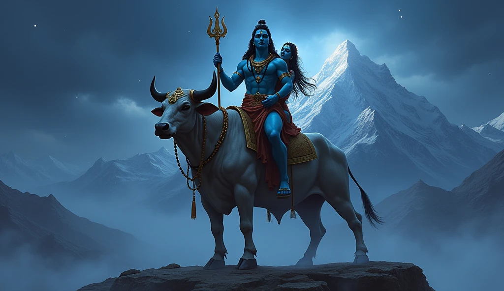 Mascular light blue skin tone Lord Shiva (with trishul and damru) and beautiful Goddess Parvati, both riding a big masculer ox, mount kailash in the background, dark blue tone night sky with a touch of mystery.