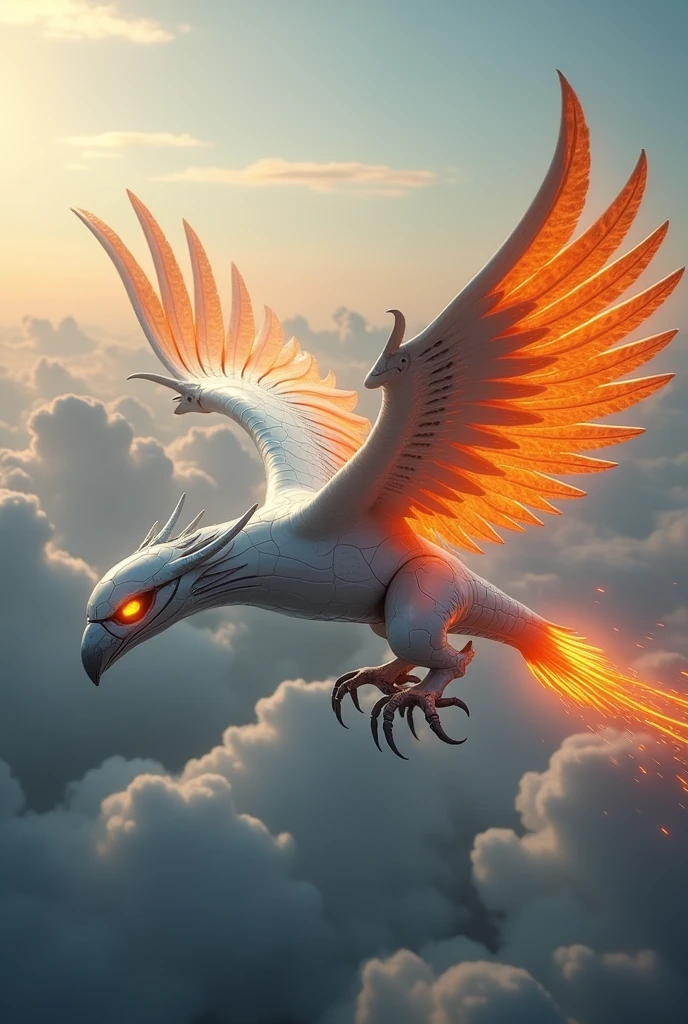 a phoenix airplane macha from white metal, soaring on the sky, metal reflection body, cinematic lighting, spreading the wings and gliding, gliding pose, glowing orange eyes, glowing steel orange wings, glowing steel orange tails, iron claw, bright color, morning glory cloud background, highly detailed, futurism, sci-fi theme fire