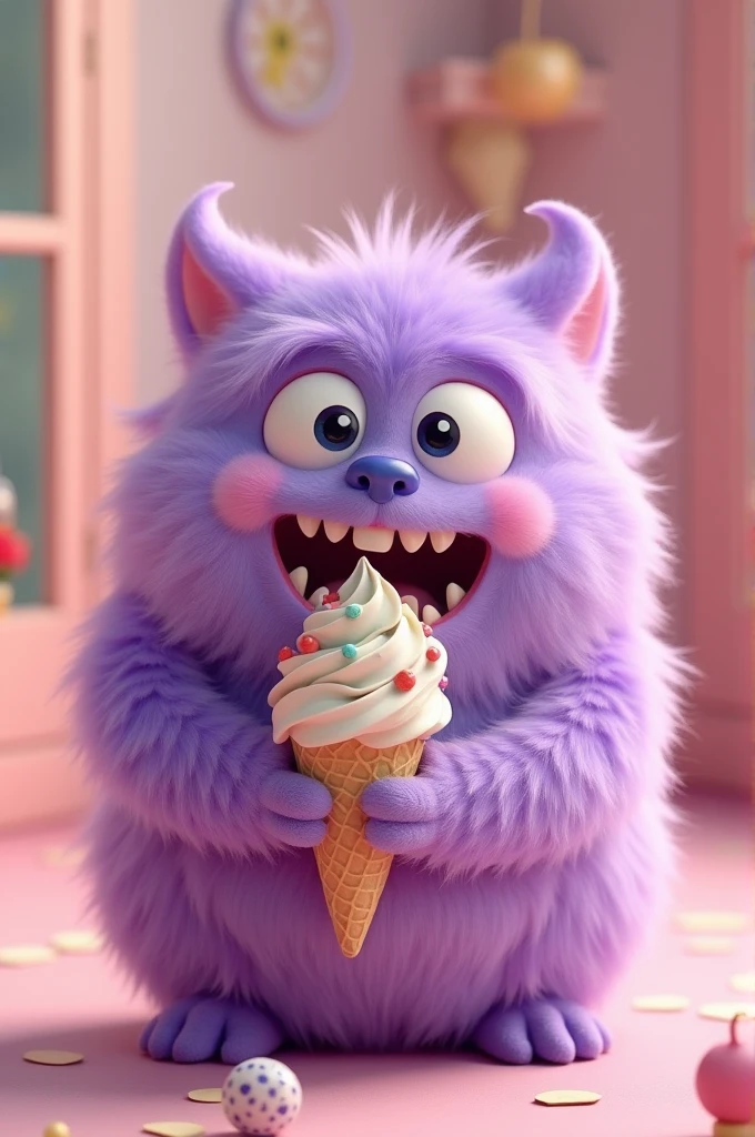 Cute purple furry little monster holding an ice cream cone