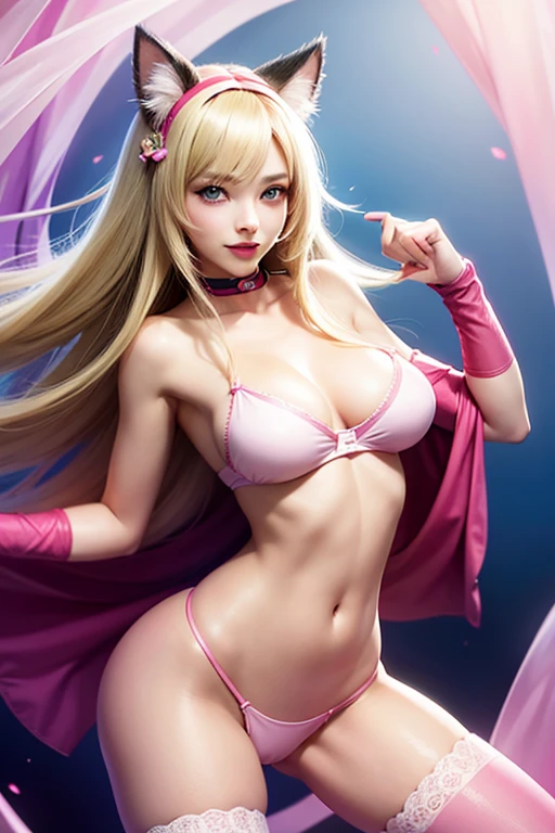 1 girl, length hair,shows breasts, Thong and pink knee socks, blue eyes, blonde hair, Timelessly modern, cat ears, seductive smile, Looking at the viewer, anatomically correct, Floating hair, Silhouette, film, 