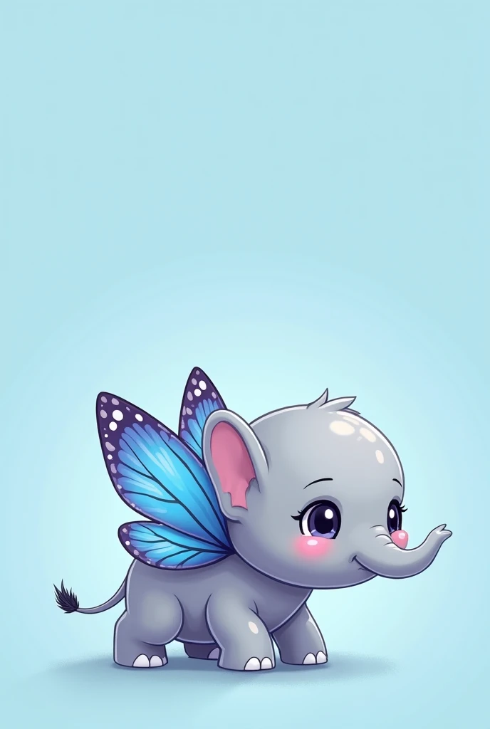 Create a simple 2D drawing of chibi grey elephant with cute butterly wings on its back facing to the side with a blank blue backround
