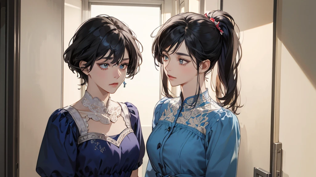 (very handsome: 1.2), 8 thousand, (masterpiece: 1.0), (best_quality: 1.0), 1 girl, and intricate details, enlarged textures, and intricate details, exquisite eyes and exquisite Face, with intricate details, black hair, sad closed mouth, hazel eyes, tired eyes, equal eyes, Carolina eyes (human female) wearing blue dress, background ward front, hospital Corridor, elevator, depth of field