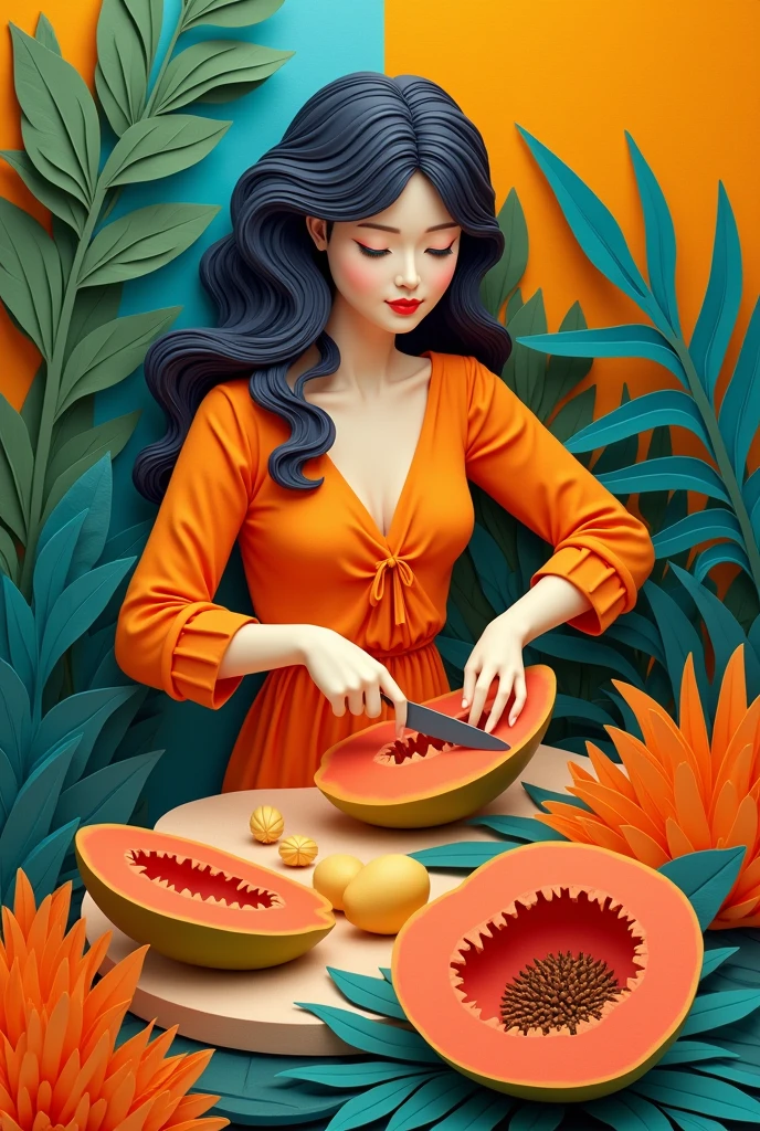 A woman cutting papaya , masterpiece, all in three dimensional paper art、(Almond Shapes);1.9、(Three-dimensional paper-cut art.、colorful):1.9