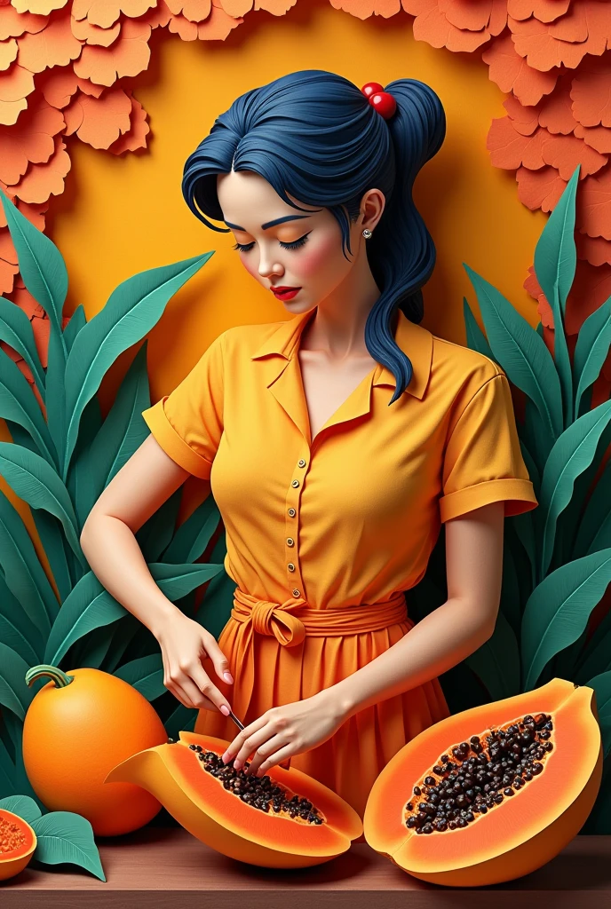 A woman cutting papaya , masterpiece, all in three dimensional paper art、(Almond Shapes);1.9、(Three-dimensional paper-cut art.、colorful):1.9