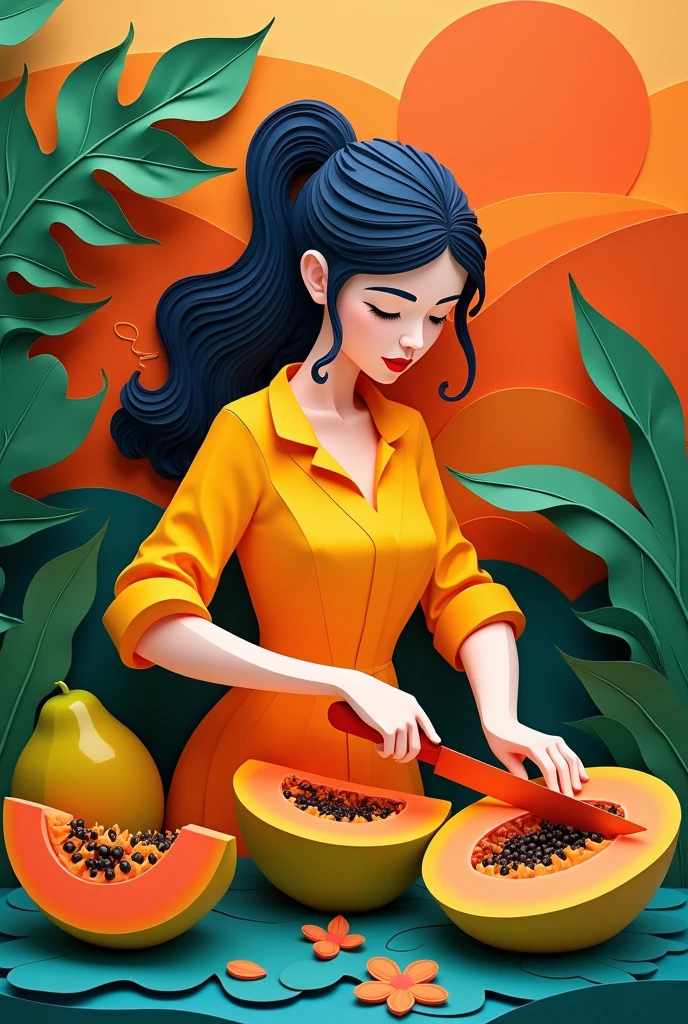 A woman cutting papaya , masterpiece, all in three dimensional paper art、(Almond Shapes);1.9、(Three-dimensional paper-cut art.、colorful):1.9
