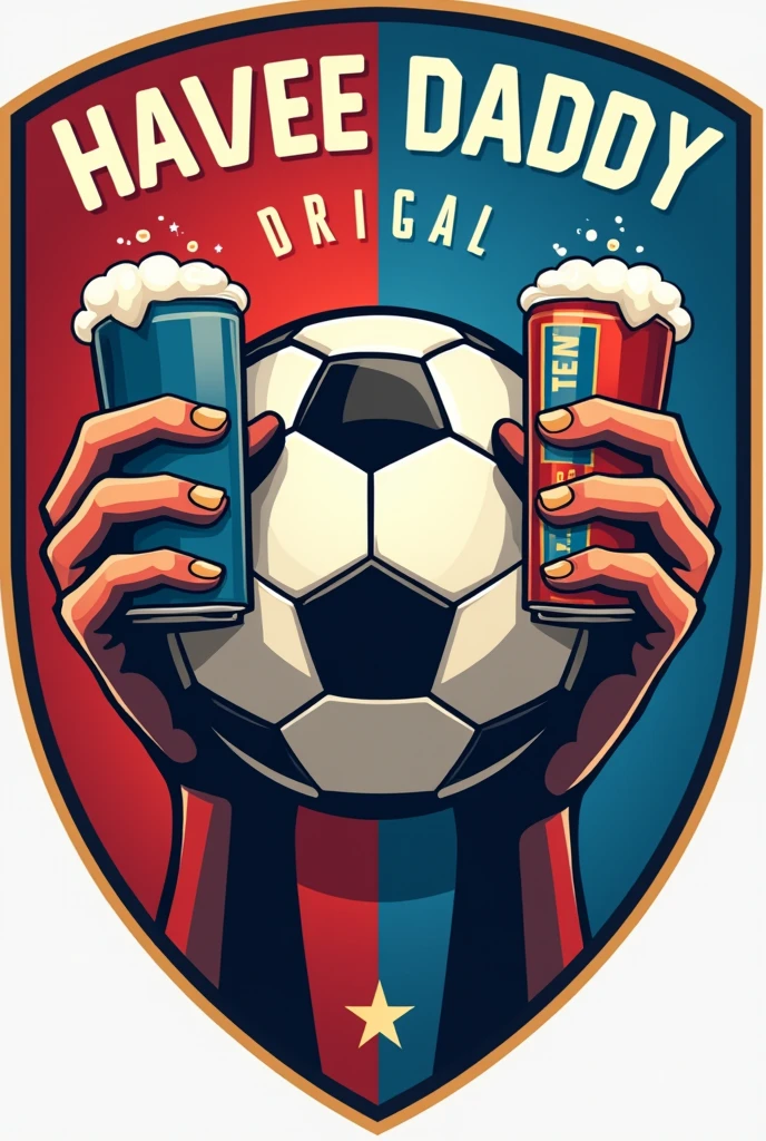 A football logo "I have Set Daddy" with a soccer ball and on each side a hand with a beer and red and blue colors