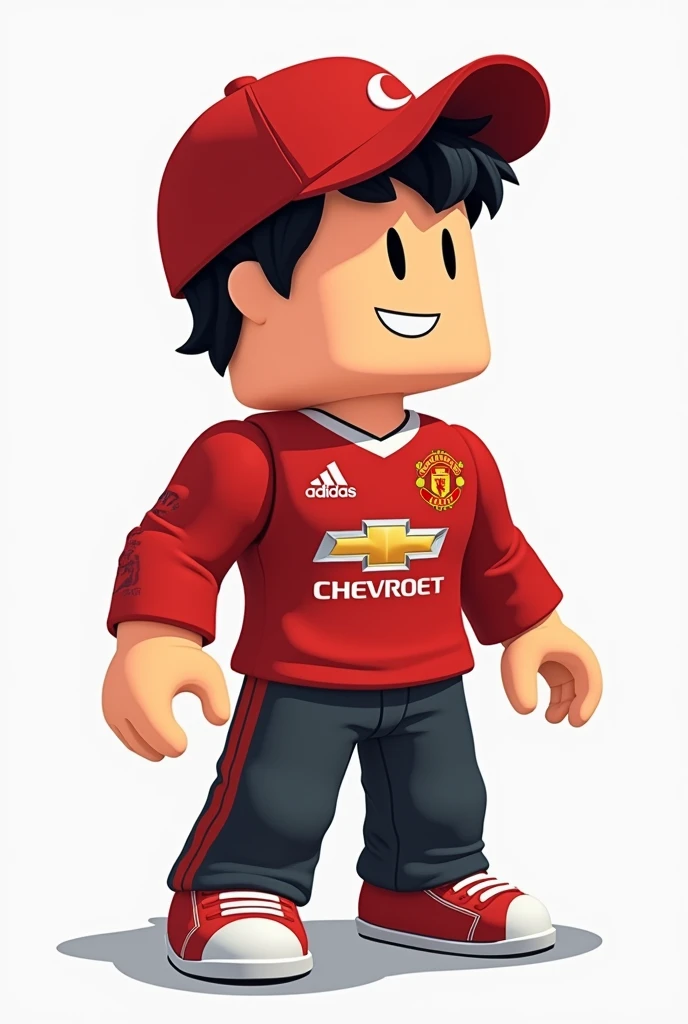 Make a roblox square body Man Red cap Human circular head , manchester united shirt, cougar cap cartoon style profile picture Cartoon style