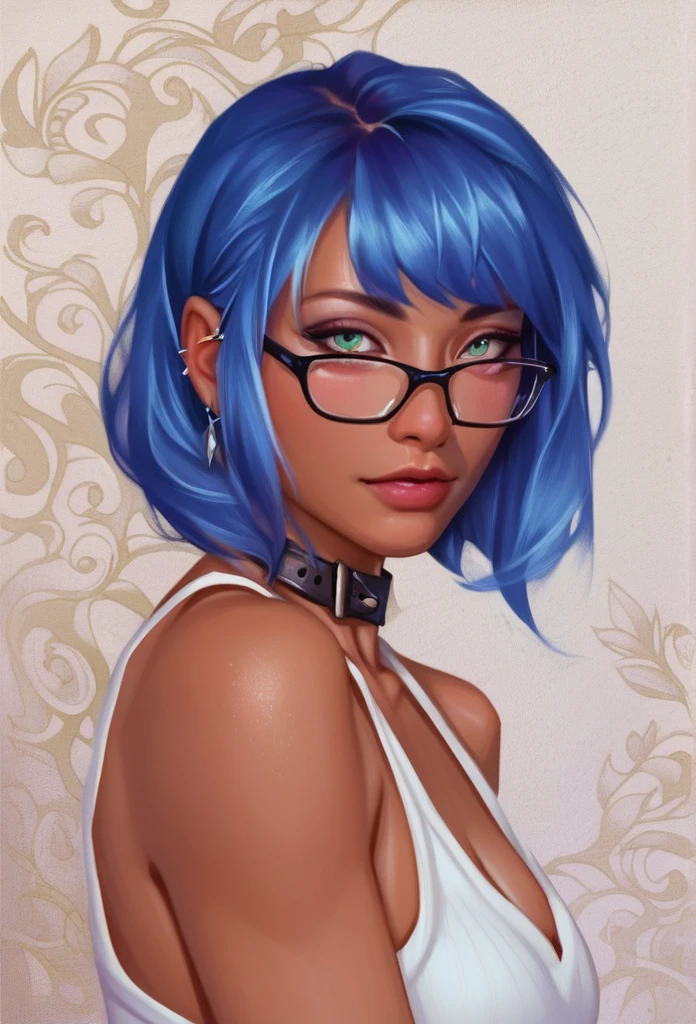 smudgy, traditional art, liu2, brush texture, score_9, score_8_up, score_7_up, score_6_up, score_5_up, score_4_up, BREAK 1girl, girl with blue hair and bangs with glasses with beautiful tanned skin looking at the camera girl, black skin, detailed background, detailed face shot (masterpiece, high quality:1),