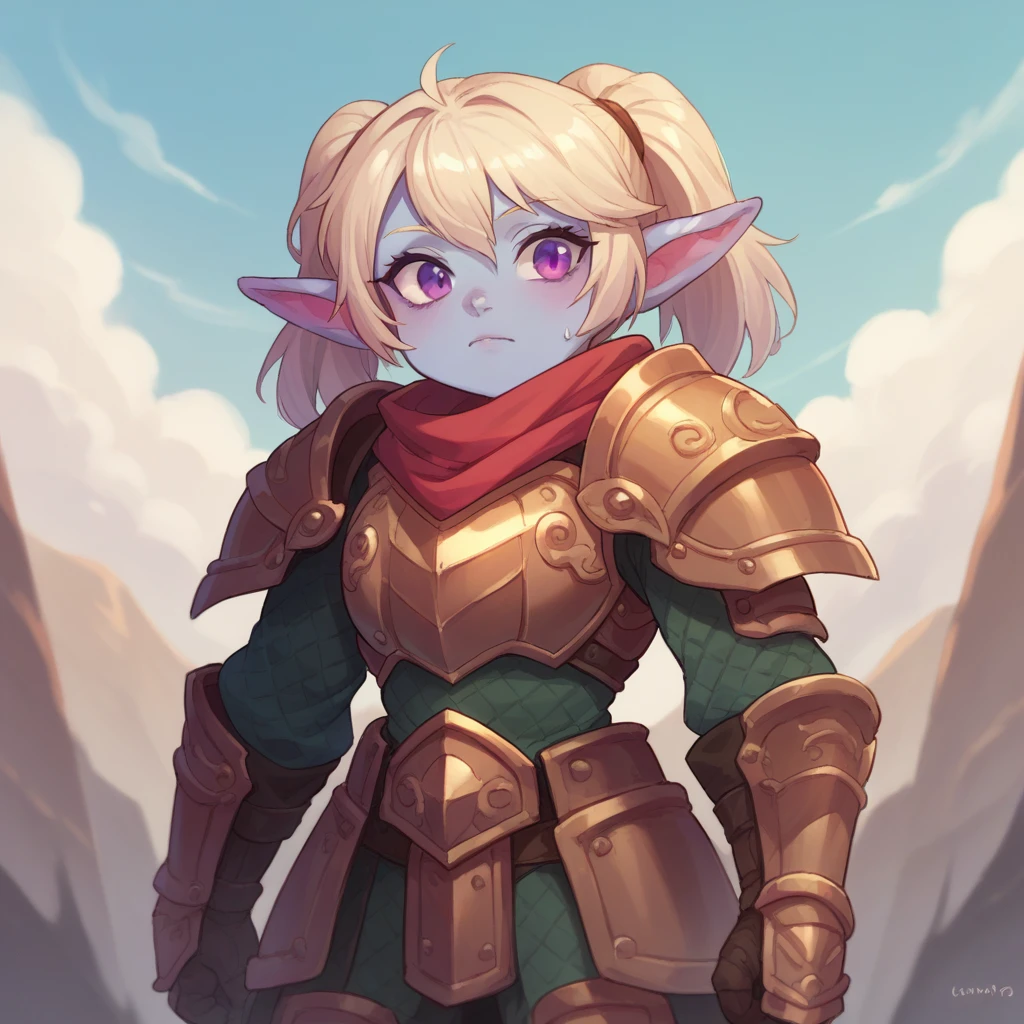 1 girl, Alone, poppylol, colored skin, rubio_hair, purple_eyes, armor pop, armor, scarf, sagitario armor