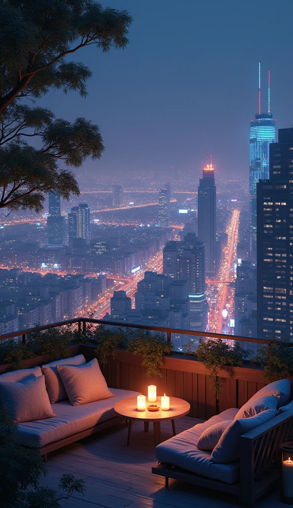 A rooftop overlooking a sprawling city illuminated by countless lights that twinkle like stars. The skyline is dotted with tall buildings, some with neon signs that glow in the night. Soft ambient music plays faintly in the background, carried by the breeze. There's a cozy seating area with plush cushions and a small table, a few candles flickering softly in the gentle wind. The air is crisp, and you can hear the distant hum of the city below. No one is around—just the quiet solitude above the bustling city streets.