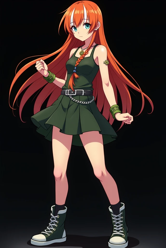 A full body image of an  child, personagem do anime "JUJUTSU KAİSEN", she is very beautiful, with long, straight, fire-colored hair with two white streaks highlighted in the front, framing your face. She has blue-green eyes and pale skin.. she is a Wiccan, she is in fighting pose. she wears a pentagram necklace, tight skirt, beautiful women&#39;s high-top shoes and ¾-long socks. It is drawn with animation by Gege Akutami.. black backdrop.