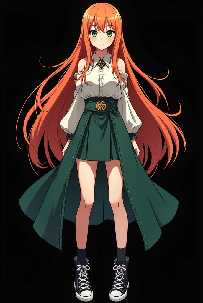 A full body image of an  , personagem do anime "JUJUTSU KAİSEN", she is very beautiful, with long, straight, fire-colored hair with two white streaks highlighted in the front, framing your face. She has blue-green eyes and pale skin.. she is a Wiccan, she is in fighting pose. she wears a pentagram necklace, tight skirt, beautiful women&#39;s high-top shoes and ¾-long socks. It is drawn with animation by Gege Akutami.. black backdrop.