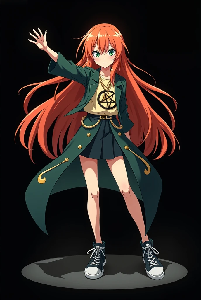A full body image of an , personagem do anime "JUJUTSU KAİSEN", she is very beautiful, with long, straight, fire-colored hair with two white streaks highlighted in the front, framing your face. She has blue-green eyes and pale skin.. she is a Wiccan, she is in fighting pose. she wears a pentagram necklace, tight skirt, beautiful women's high-top shoes and ¾-long socks. It is drawn with animation by Gege Akutami.. black backdrop.
