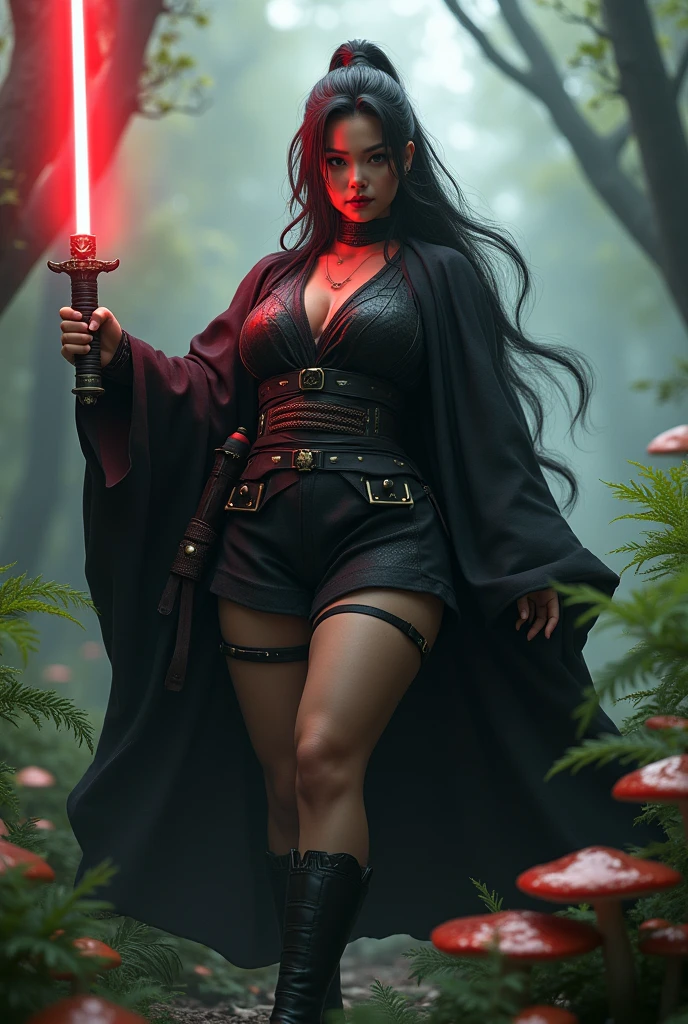 Medium shot. Chubby and evil Keiko fujimori holding a red laser sword, wearing a Sith robe and outfit in black and brown colours, with short skirts, looking like a jedi knight, open wide, heavily detailed, (detailed skin, scales), gritty, 8 k, photorealistic, dramatic lighting, cinematic, artstation hq, intricate, elegant, mushrooms, ferns, masterpiece misty, foggy, volumetric light 