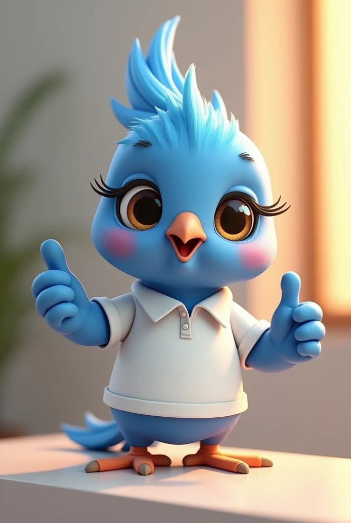 Vstorized Blue cockatiel, female, with eyelashes in her eyes, dark blue, cub, happy, wearing white polo shirt, thumb raised, pixar style 8k