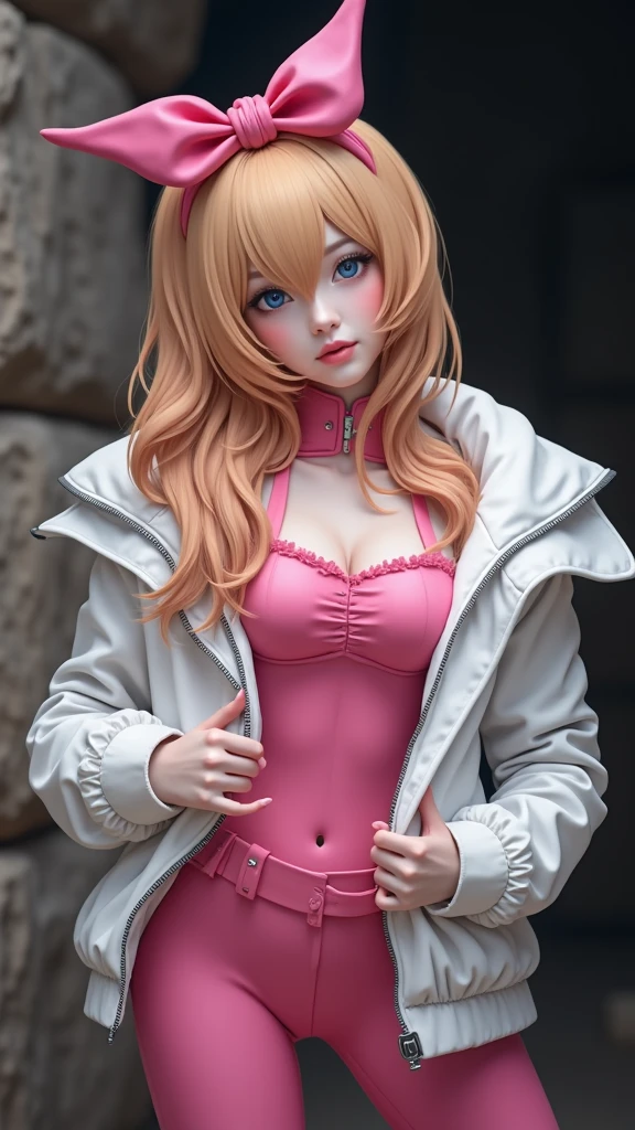 there is a woman in a pink outfit posing for a picture, anime girl cosplay, ann takamaki from persona 5,(orejas de conejita :1.4), full body zenkai! asuka suit, asuka langley soryu, asuka langley sohryu, asuka langley souryuu, ayaka cosplay, anime cosplay, asuka langley, junko enoshima, misa amane, high quality, (RAW photo, best quality), (realistic, photorealistic: 1.4), (extremely delicate and beautiful: 1.4), amazing, fine details, masterpiece, ultra detailed, high resolution, best illustration, best shadow, intricate, ( extremely intricate: 1.2), (exquisitely detailed skin), cinematic light, perfect anatomy, (cool color: 1.4), sharp focus, 8k UHD, DSLR, (Fujifilm XT3),(iluminación cinematográfica :1.4), ,(Fondo de ruinas de mazmorra en ruinas piedras grandes caverna cueva :1.4 )
