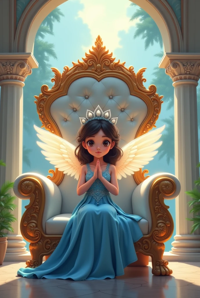 Anime cute Angel with blue dress sitting on the beautiful throne and doing namaskar