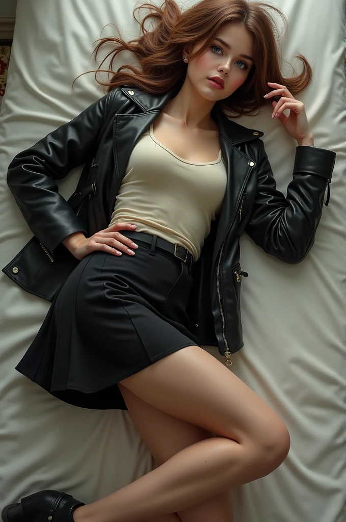 1 woman with hazel hair and deep ocean blue eyes. Her skin is milky but a little tanned. She is on her side but her body remains straight facing the camera, elle a une main dans ses cheveux et elle regarde le sol. She has a leather jacket where she doesn't'ne mets pas ses bras. Her skirt is black too. She has an off-white tank top. Ses jambes sont croisées et elle porte des bottines.