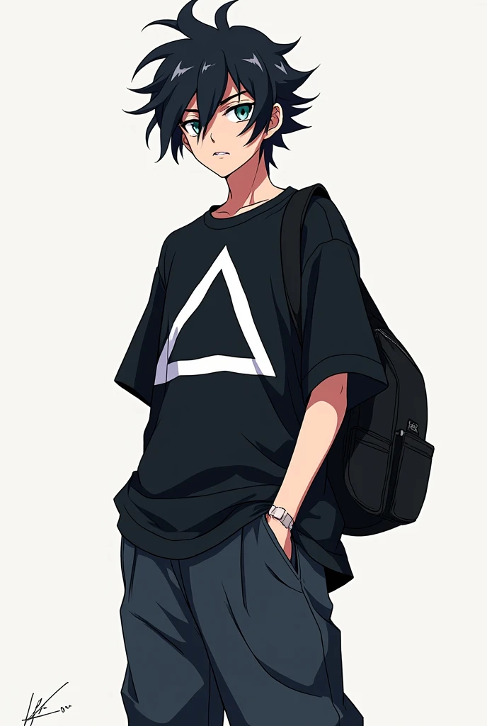 a jujutsu sorcerer anime with messy black hair, a black oversize tshirt with a white triangle pattern on it and baggy pants underneath a black school bag