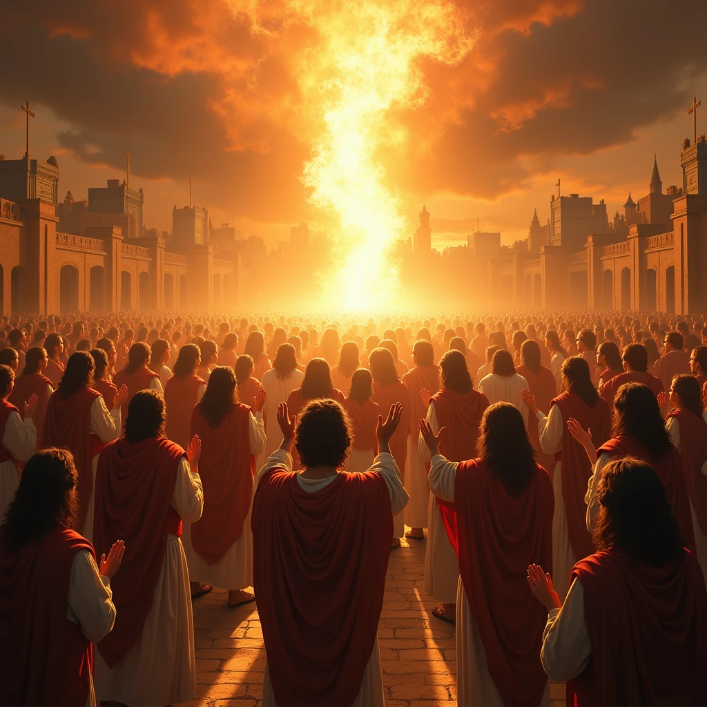 Create a vibrant, dynamic scene depicting the day of Pentecost as described in Acts 2. The image should show a group of about 120 disciples gathered in an upper room in Jerusalem. Suddenly, flames of fire appear above their heads, symbolizing the Holy Spirit descending upon them. The disciples are filled with awe and begin to speak in various languages, expressing joy and wonder. The setting should be ancient Jerusalem with traditional architecture, and the atmosphere should be charged with a sense of divine presence and spiritual awakening.
