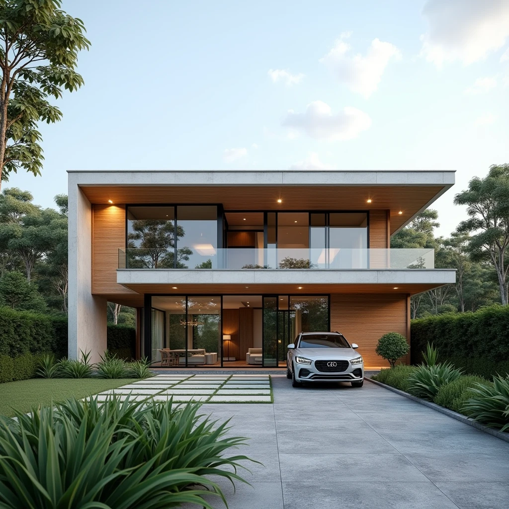 Exterior design , contemporary linear residence , Wood , glass and concrete , automobile  ,  in a gated community ,Northeast of Brazil , ultra realisitic , ultra-realistic render , 4 K , 