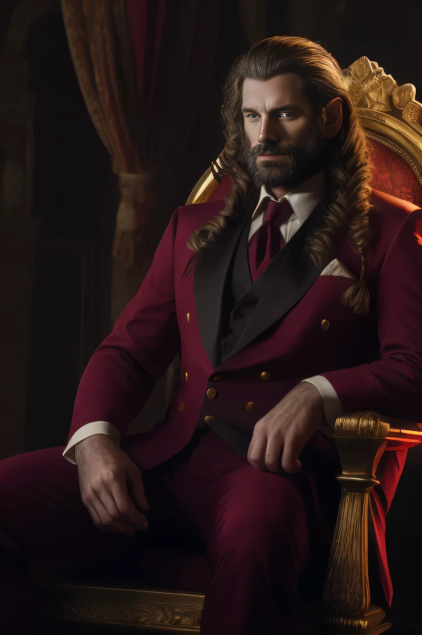 a portrait of a man, long curling hair, dramatic lighting, wearing a red king's suit, sitting on a throne 