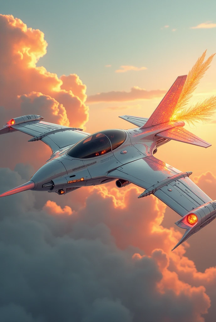 a phoenix airplane macha from white metal, soaring on the sky, metal reflection body, cinematic lighting, spreading the wings and gliding, gliding pose, glowing orange eyes, glowing steel orange wings, glowing steel orange tails, iron claw, bright color, morning glory cloud background, highly detailed, futurism, sci-fi theme fire