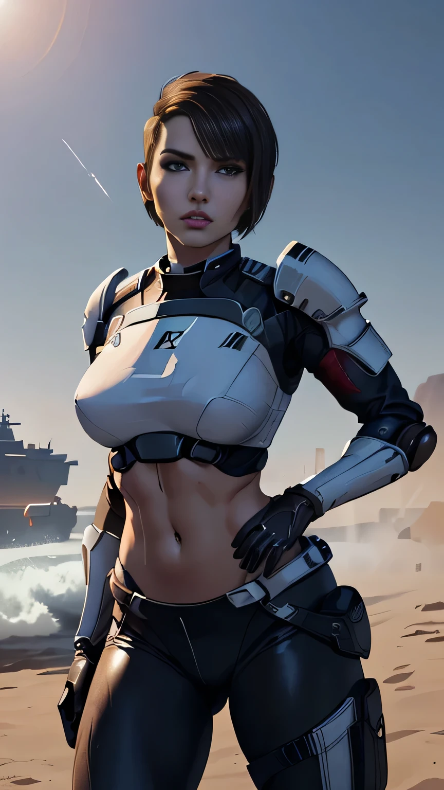 photo of mlp Meowko, RAW, beautiful woman, ((portrait)), ((detailed face:1.2)), ((anime face, anime facial feature, clear skin, glossy anime lips, clear skin), (short lesbian haircut, brunette: 1.55), (perfect proportioned body, Strong, muscular, narrow waist, narrow hips, skinny, large breasts, exposed belly button an abbs), ((she wears a detailed tactical N-7 gear, white Mass Effect armor, bare arms, simple shoulder armor, leather combat pants, bare midriff, no gloves:1.1)), boxer pose, fighting stance, ready for combat, hands behind head, aircraft carrier, military, ocean, (realistic photo, best quality, detailed), (8k wallpaper), (bright cinematic lighting, lens flares, beautiful light, (noon:1.3)) (sharp focus, intricate)