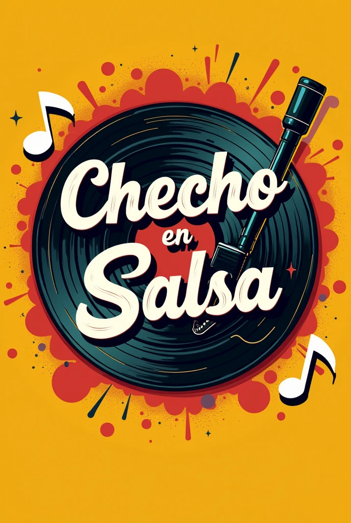 Create a logo for social media, which will be dedicated to uploading lyrics of salsa songs, who has an LP record and has on it some lyrics that say Checho in his sauce, in Spanish