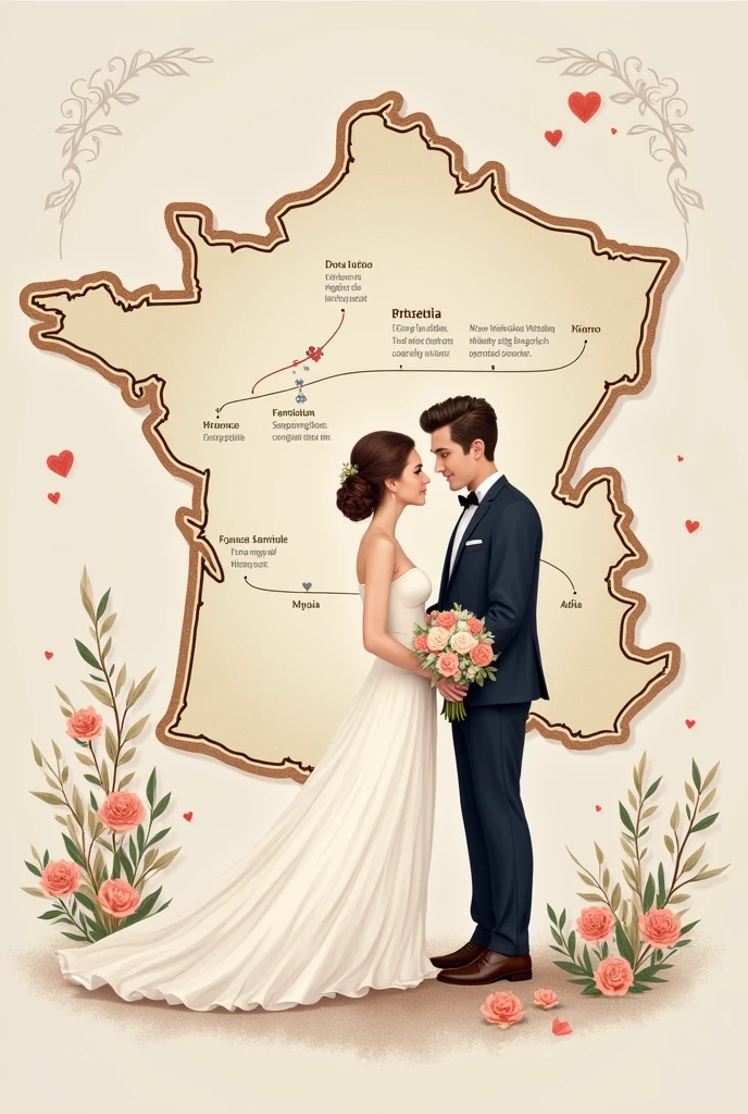 Wedding card with a background design of the map of Peru and France and a timeline of how they met until the wedding day of the wedding couple