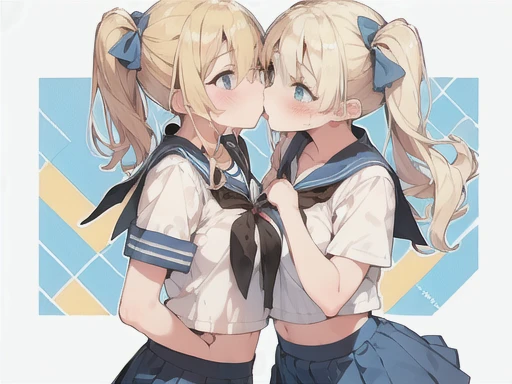 twins,(Two Girls),((standing on the right,Blonde twin tails)),(((Stand on the left,Blonde ponytail))),(Very curled hair,Blue ribbon,Bright blue eyes,freckles),(mega breasts),high school girl,BREAK,(Navy Blue,Cute Sailor Uniform,Checkered Pleated Skirt),under boob,cleavage,BREAK,((kiss)),Embrace each other