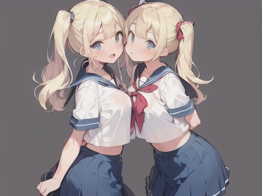 twins,(Two Girls),((standing on the right,Blonde twin tails)),(((Stand on the left,Blonde ponytail))),(Very curled hair,Blue ribbon,Bright blue eyes,freckles),(mega breasts),high school girl,BREAK,(Navy Blue,Cute Sailor Uniform,Checkered Pleated Skirt),under boob,cleavage,BREAK,((kiss)),Embrace each other