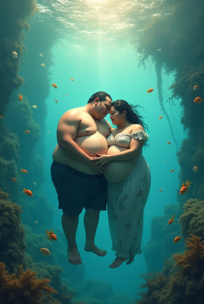 Couple, an Indonesian fat Man and Women maternity underwater, hyperrealistic, underwater reflection effect, underwater ecosystem