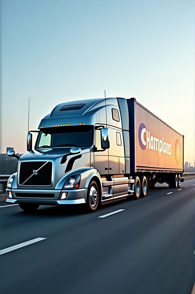 Create a container with the Volvo brand trailer,The container in the back that has the Champions brand