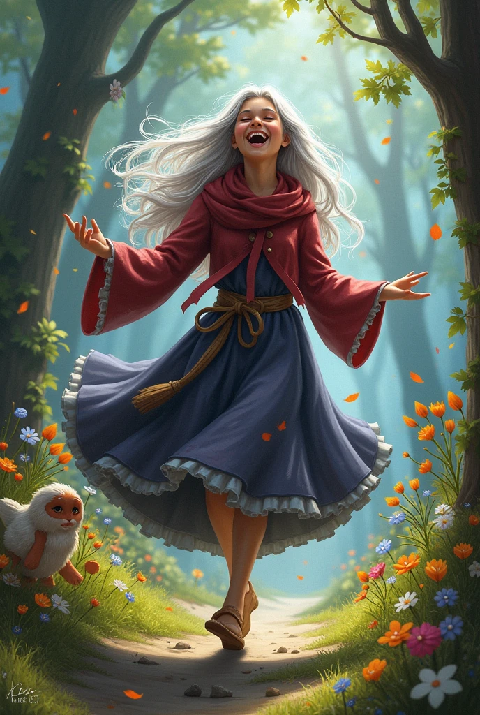 Silver-haired witch the embodiment of joy and elation, sneaking off to play in a woodland ambiance, surrounded by kawaii woodland monsters, illustrated in the distinct styles of Enki Bilal, Alex Pardee, and Osamu Tezuka, featuring joy, fantasy, whimsy, with splashes of surrealism, intricate line work, vibrant palette, detailed textures, digital painting.